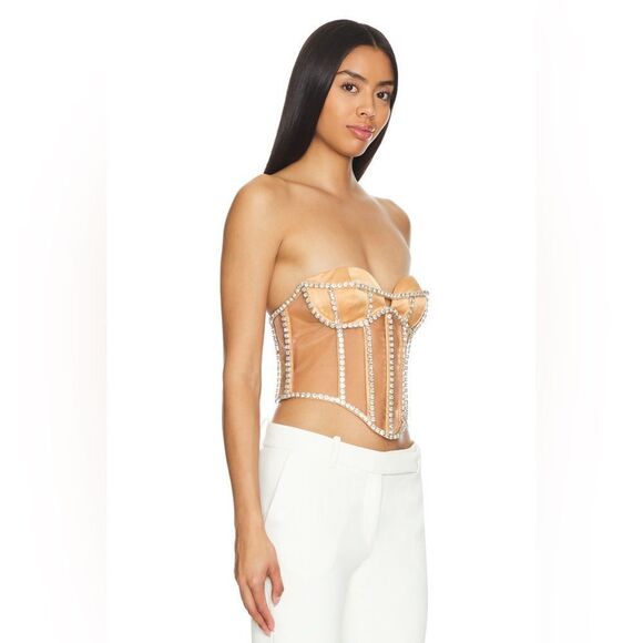CAMILA COELHO South Beach Corset Tan Bustier Sheer Rhinestone M - Picture 4 of 6